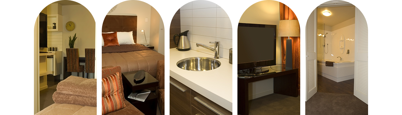 Interior views of Terravive studios in Christchurch CBD: dining, bedroom, kitchen, living and bathroom spaces.