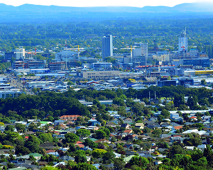 Aerial view of Christchurch city centre with trees and buildings near Terra Vive.