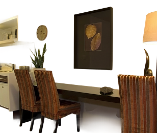Bright apartment interior with desk, seating, and modern decor at Terra Vive.