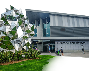 Christchurch International Airport terminal and outdoor sculpture near the city.